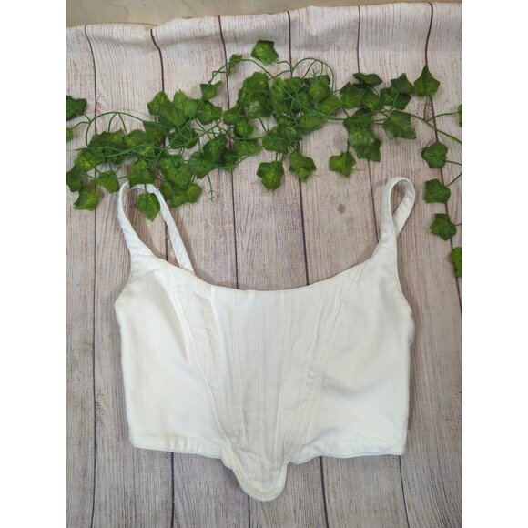Zara Women's Crop Corset Denim Top Back Zip White Thick Size Small - Picture 2 of 6